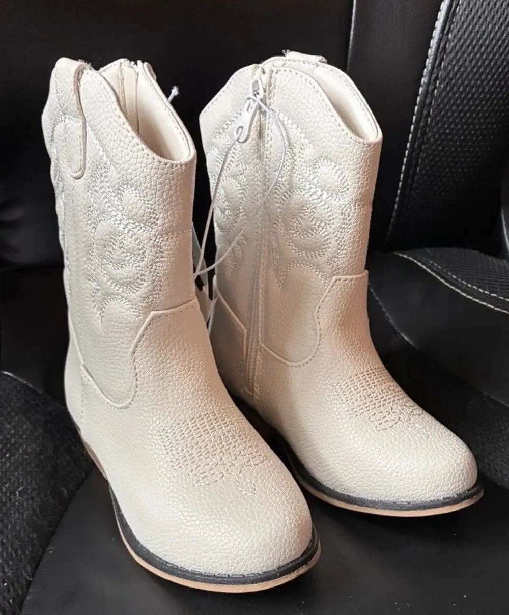 Cat & Jack Girls Ivory Western Cowgirl Mid-Calf Zip Embroidered Round Toe 9c